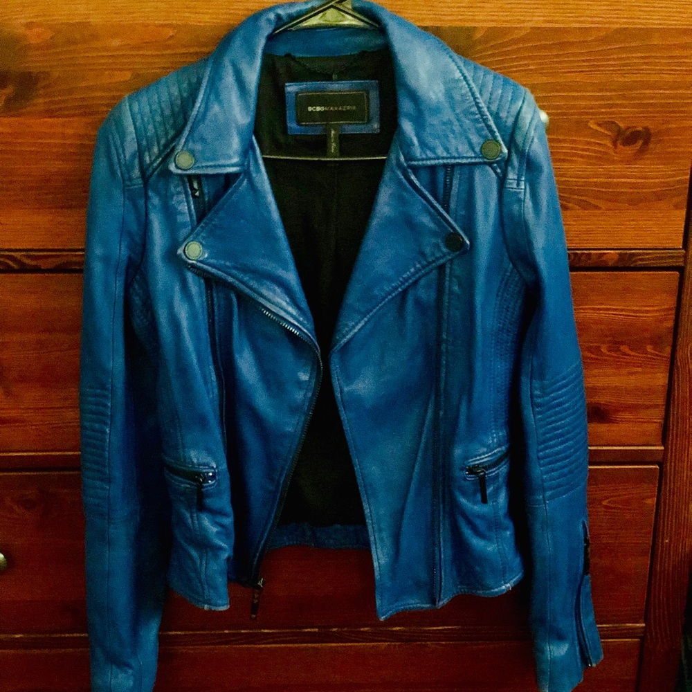 BCBG Women's Blue Tara Leather Moto Jacket Size S
